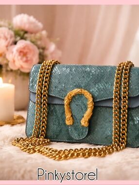 Teal Snake-Embossed Chain Shoulder Bag